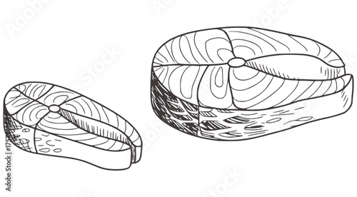 Black and white sketch of two raw fish steaks food seafood