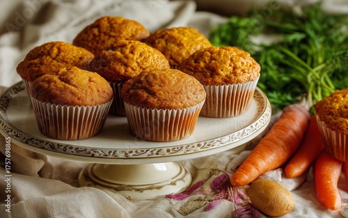 Freshly Baked Carrot Muffins Displayed on a Decorative Cake Stand With Fresh ...
