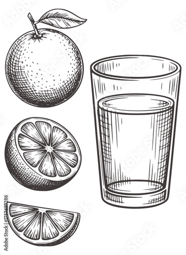 Hand drawn orange fruit and glass of juice slice