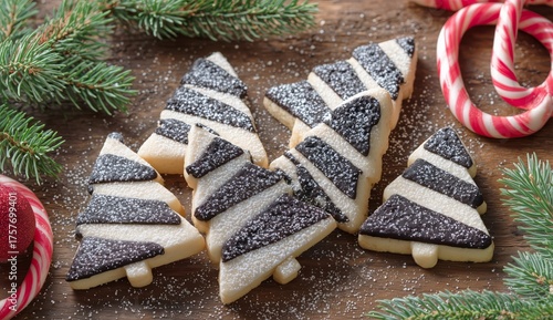 Holiday Cookies Shaped Like Christmas Trees Decorated With Icing and Surround...