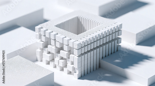 Abstract white structure made of extruded microrectangles geometric noise aesthetic volumetric shadows