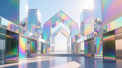 Abstract symmetry of iridescent glass architecture structure illuminated by soft daylight 3D realism rendering