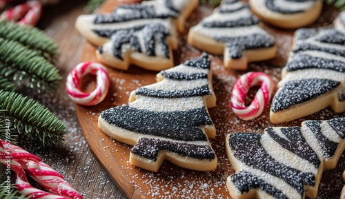Delicious Holiday Cookies Decorated With Black and White Icing on a Wooden Pl...