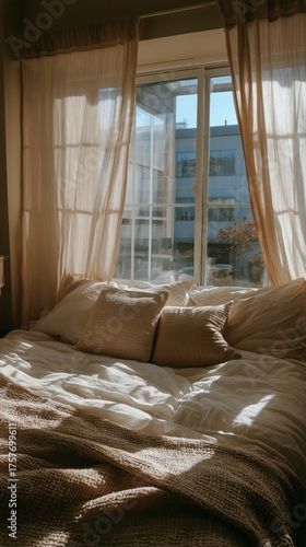 Sunlight Filters Through Curtains in a Cozy Bedroom During Morning Hours