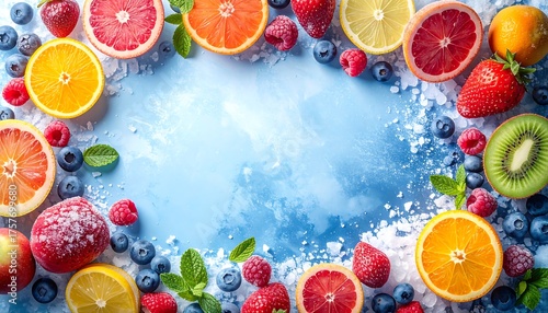 An array of colorful sliced fruits and berries against a frosty blue backdrop