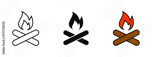Bonfire icon in stroke, fill, and color variations with a clean white background perfect for representing camping, outdoor gatherings, warmth, and festive celebrations.