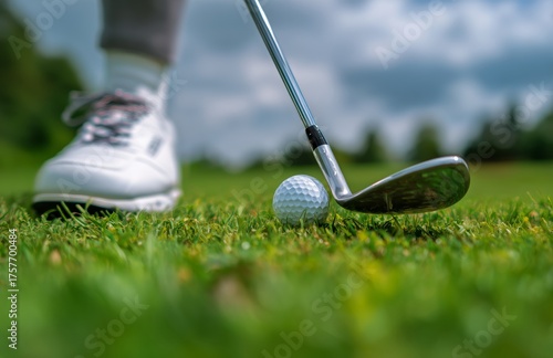 Golf Club Prepares to Strike a Ball on a Sunny Day at a Green Course