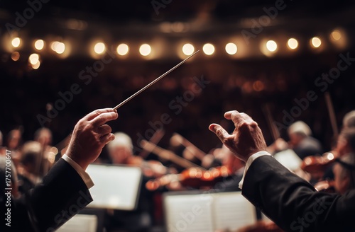 Orchestra Performance Under Warm Lights With Conductor Leading Music