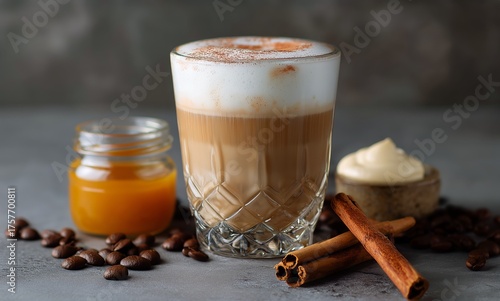 Delicious Latte With Honey and Spices on a Gray Background