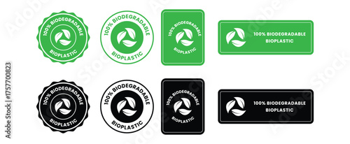 100% Biodegradable Bio Plastic stamp emblem logo, biodegradable recyclable plastic free package symbol, eco friendly product template. Vector illustration isolated on transparent background. EPS 10.