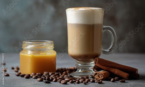 Creamy Coffee Drink With Whipped Cream and Spices on a Gray Table