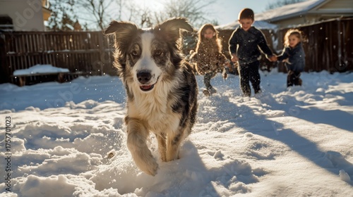 Happy Border Collie Runs in Snow While Children Play Together in the Winter Sun