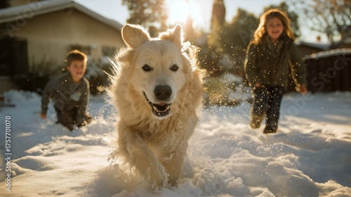 Happy Border Collie Runs in Snow While Children Play Together in the Winter Sun