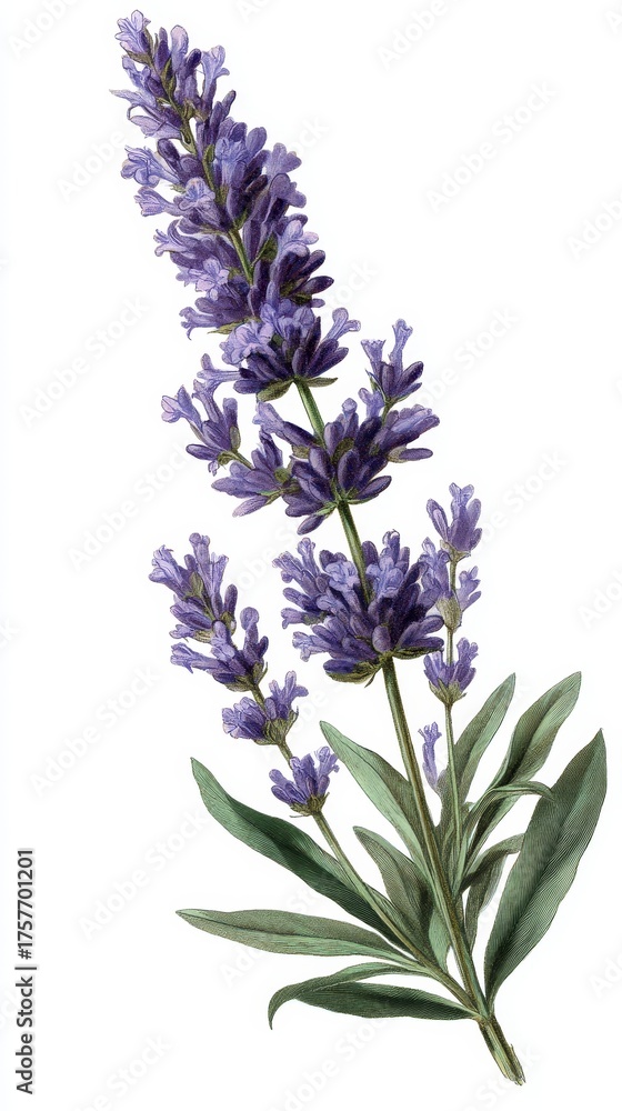 Naklejka premium lavender plant with tall green stem, narrow elongated leaves, and tubular purple flowers arranged in dense whorls