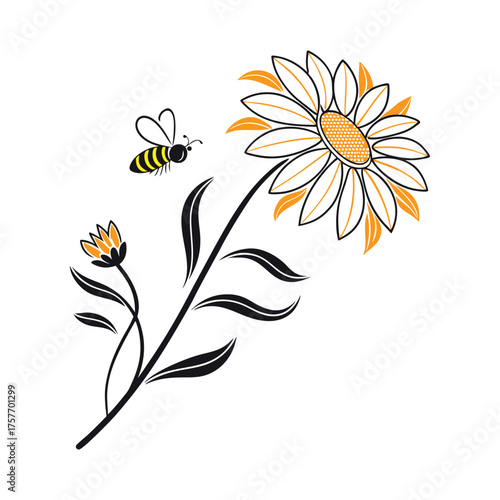 Black and Yellow Sunflower with Bee, Botanical Ink Style