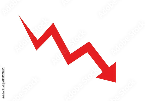 Red downward trending zigzag arrow isolated on transparent background