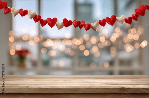 Heart Decorations on a Wooden Table With Blurred Lights in a Cozy Setting
