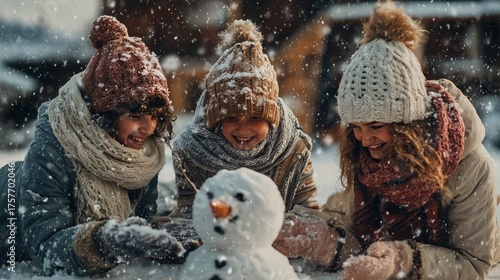 Children Playing in the Snow While Building a Snowman on a Winter Day