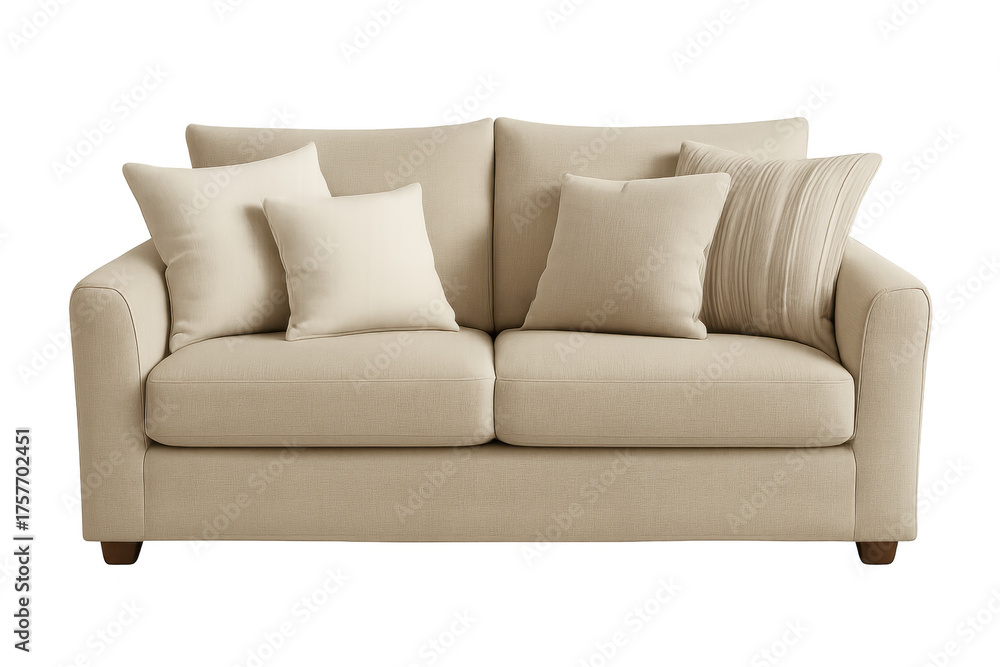 Fototapeta premium Beige fabric two-seater sofa with cushion pillows