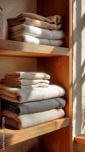 Soft Towels Neatly Arranged on Wooden Shelves in a Bright, Cozy Room With Sun...