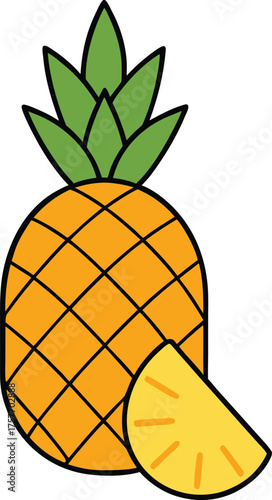 Pineapple whole and sliced vector illustration isolated on transparent background