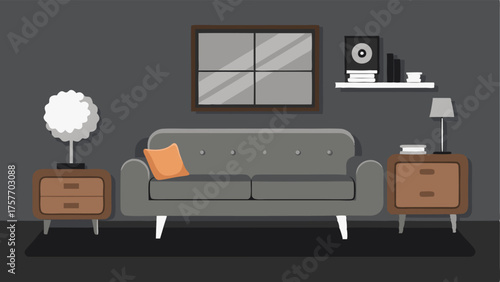 A cozy living room with a mix of textures including a leather sofa a fluffy sheepskin rug and a sleek metal media console. The walls are painted in a deep charcoal color providing