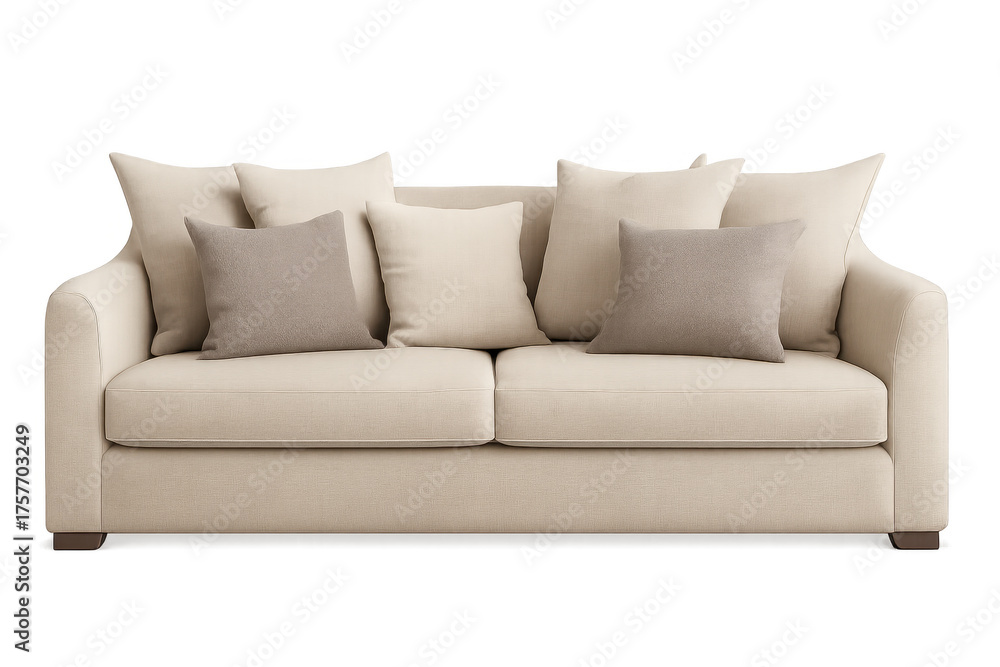 Fototapeta premium Beige sofa with accent cushions on transparent background