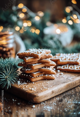 Delicious Gingerbread Cookies Shaped Like Christmas Trees Decorate a Wooden T...