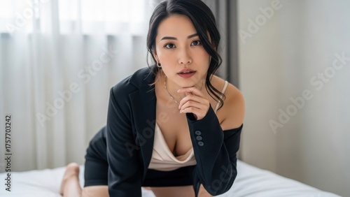 ベッドの上でジャケットを脱ぎかけ、誘うように見つめる女性