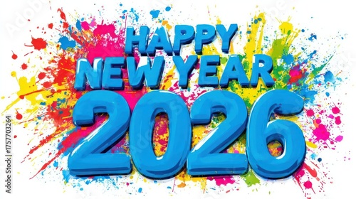 Vibrant and colorful abstract paint splatters create a festive happy new year 2026 celebration background