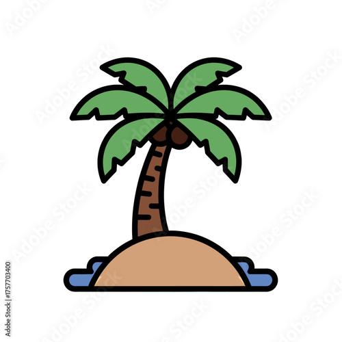 Tropical Island with Palm Tree and Water Edge Isolated on White Background