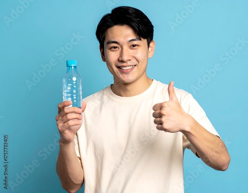 An Asian man smiles and gives thumbs up while holding a water bottle