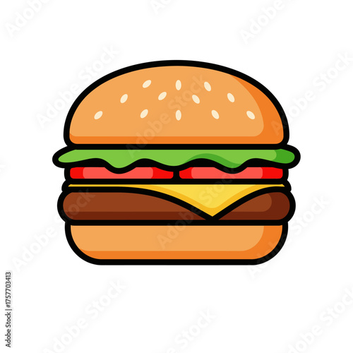Appetizing burger illustration with tomato, lettuce and cheese on a white background