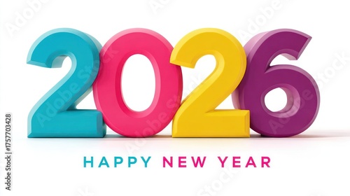 Colorful 3d numbers representing the year 2026 with a happy new year greeting