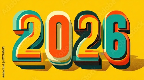 Vibrant retro style 3d numbers representing the year 2026 with colorful layers and bold shadows on a yellow background