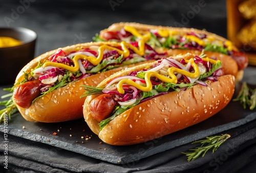 Delicious Hot Dogs Topped With Fresh Toppings on a Black Stone Serving Tray
