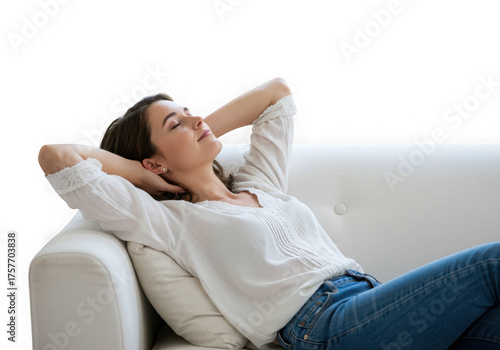 Woman relaxing on a couch with hands behind head isolated on transparent background