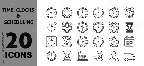 Collection of 20 hand drawn icons representing time clocks and scheduling concepts vector