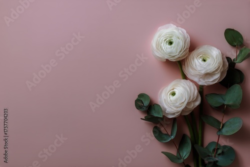 Elegant White Ranunculus Flowers With Green Leaves on Soft Pink Background