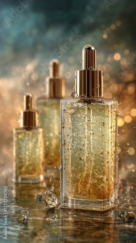 Elegant Glass Bottles of Serum Glisten With Water Droplets Against a Colorful...