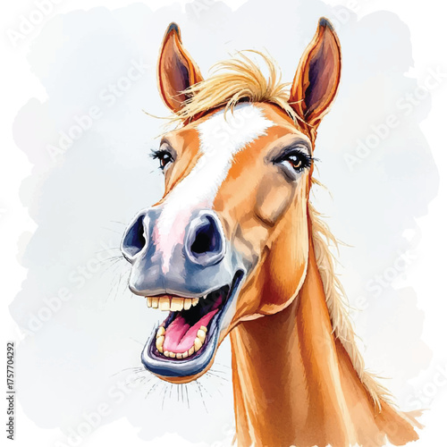 Excited Horse Head Vector — Cartoon-Style Brown Horse with White Blaze and Open Mouth in Playful Pose on Soft Blue Background
