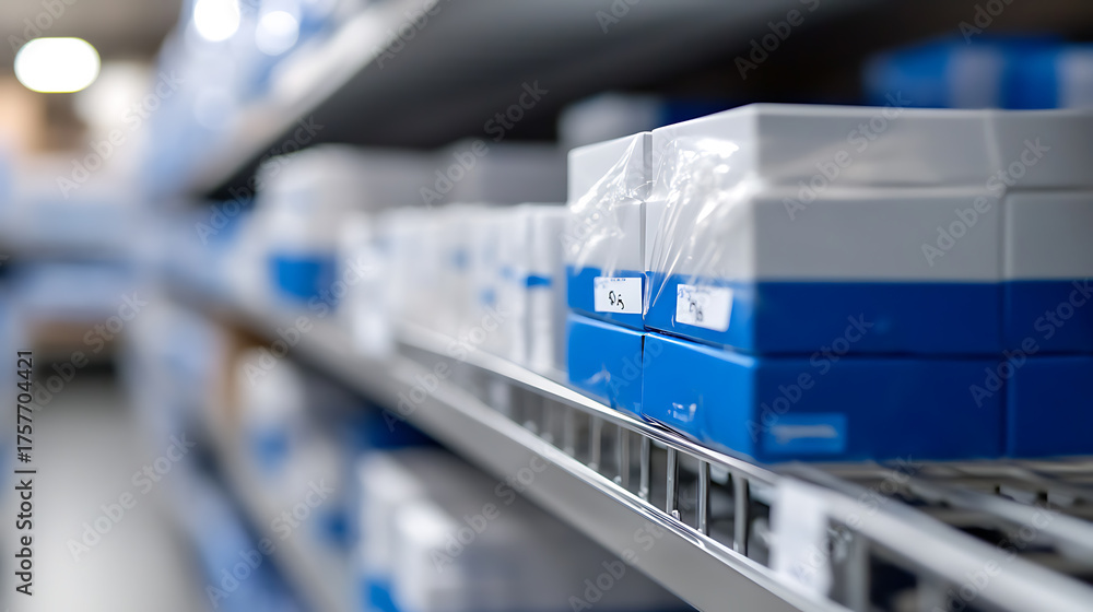 Fototapeta premium Shelves hold stacked boxes, neatly organized. Packages are arranged in a row on the shelf. Blue and white containers, with labels, are awaiting distribution and use in the facility.