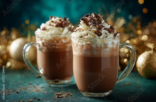 Warm Chocolate Drinks Topped With Whipped Cream and Chocolate Shavings for Ho...