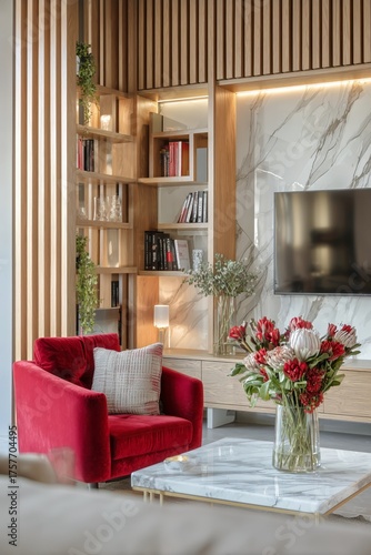Cozy Living Room Design With Red Armchair and Modern Decor Elements for Comfo...