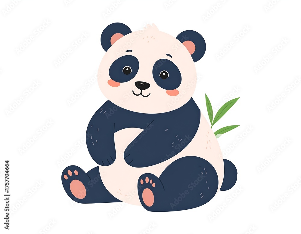 Naklejka premium Adorable cartoon panda bear sitting, holding its stomach, green leaves