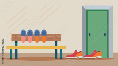 A designated area for shoe storage is available near the entrance with benches for guests to sit while taking off or putting on their shoes.