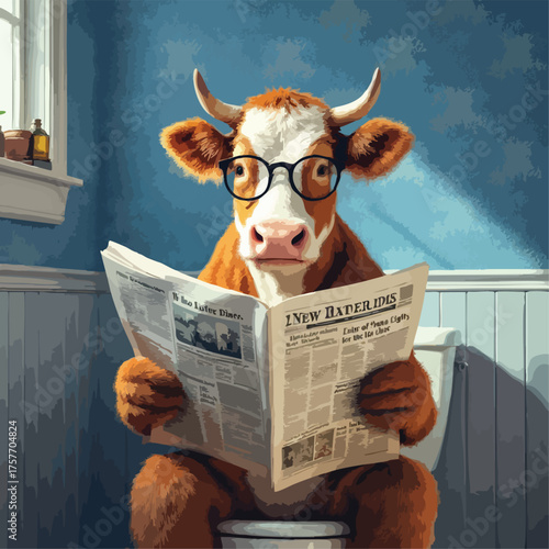 Funny Cow on Toilet Vector — Cartoon-Style Illustration of Glasses-Wearing Cow Reading Newspaper in Sunlit Bathroom Scene