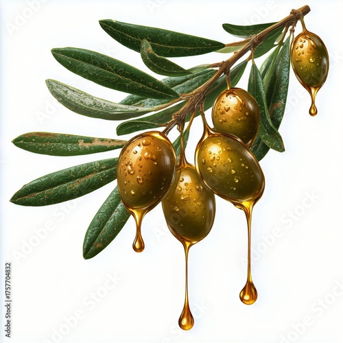 Fresh Olives Hanging From a Branch With Olive Oil Dripping in Bright Light