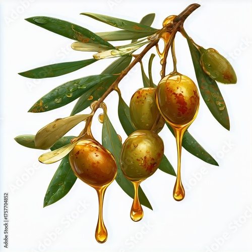 Olive Branch With Ripe Olives and Dripping Oil Against a Plain Background