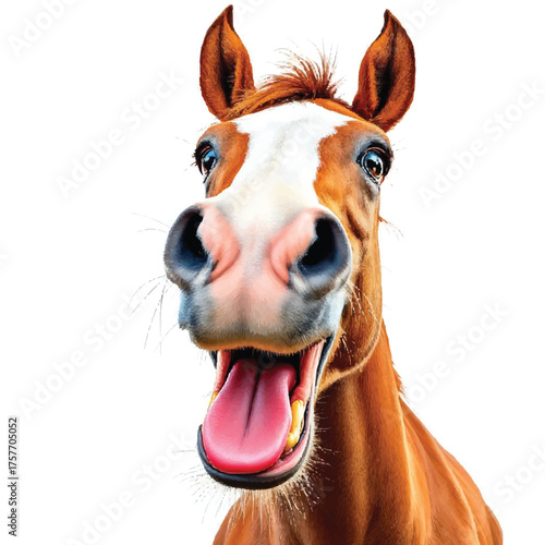 Laughing Horse Vector — Cartoon-Style Brown Horse with White Blaze and Open Mouth in Humorous Close-Up on White Background